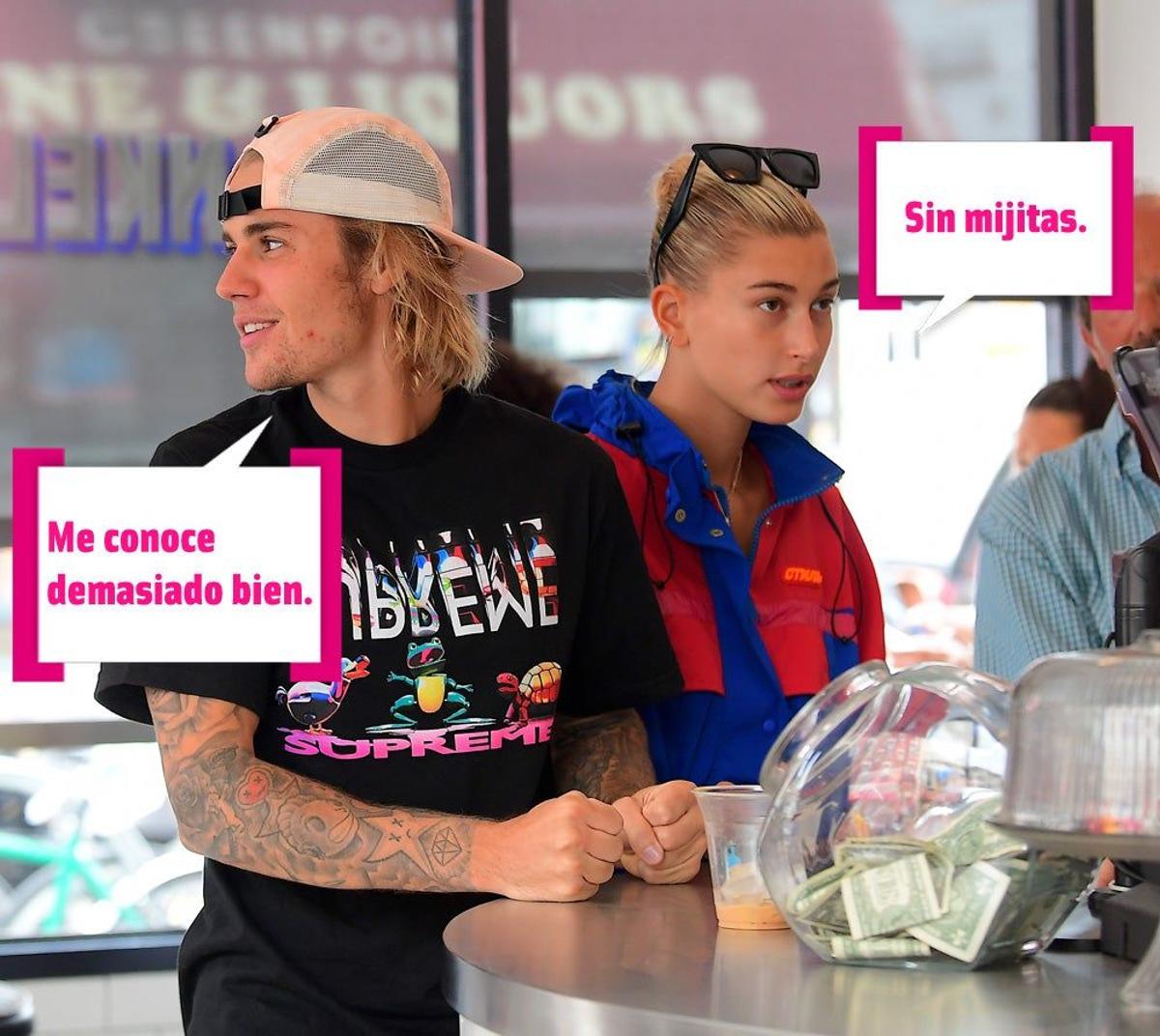 Justin Bieber y Hailey Baldwin en una cafetería pidiendo zumo