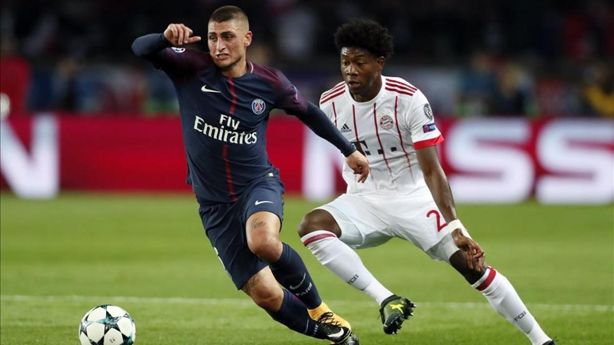 Alaba defendiendo a Verratti