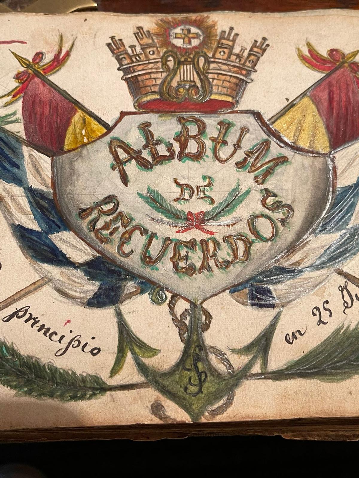 La portada del álbum personal del oficial de la Armada, que está fechado el 25 de julio de 1854, y que acaba de ser adquirido por el Museo Massó de Bueu.