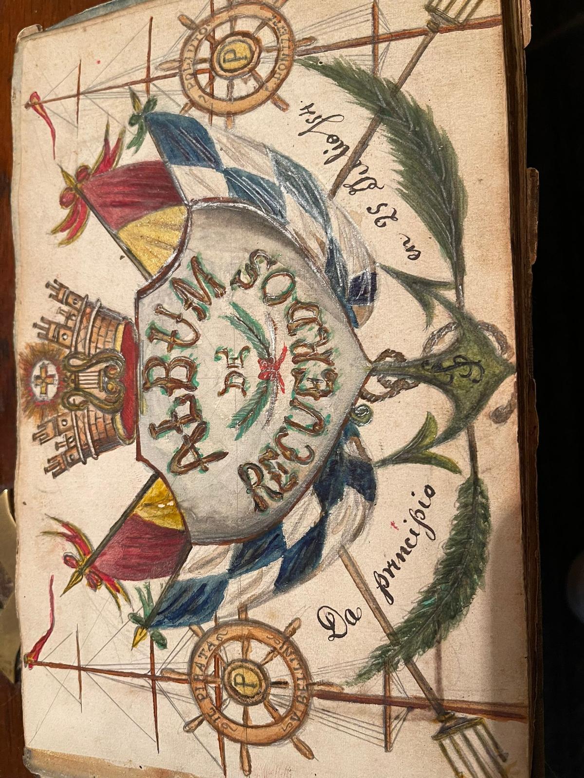La portada del álbum personal del oficial de la Armada, que está fechado el 25 de julio de 1854, y que acaba de ser adquirido por el Museo Massó de Bueu.