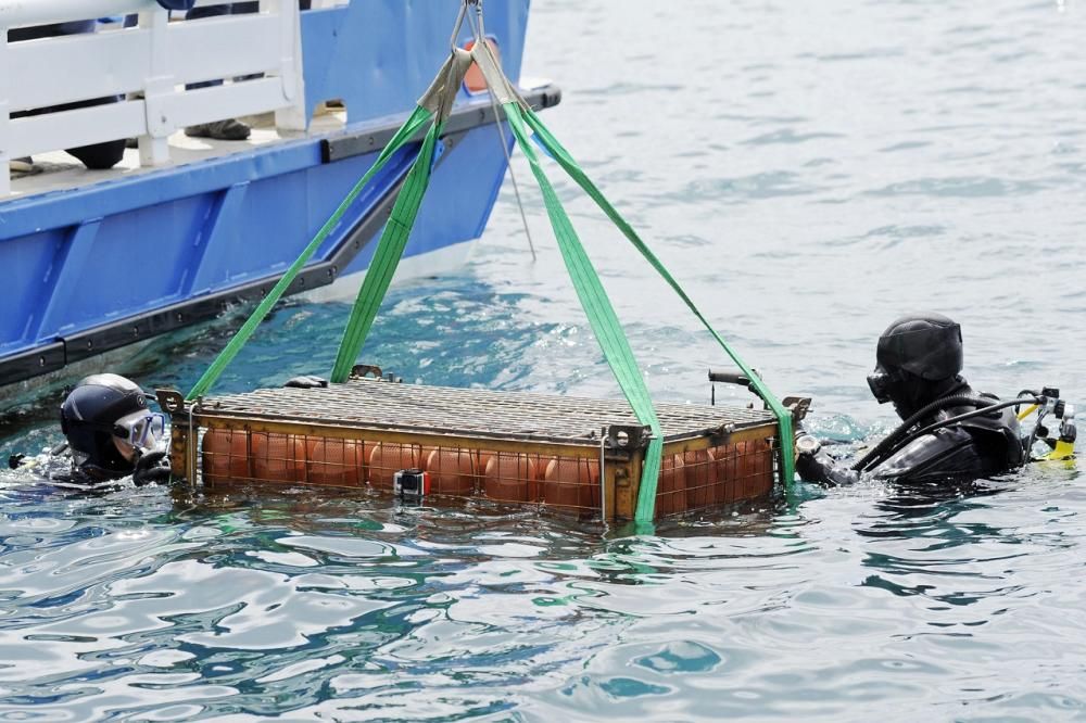 Moment en què es procedeix a submergir una de les gàbies amb ampolles de vi a Roses