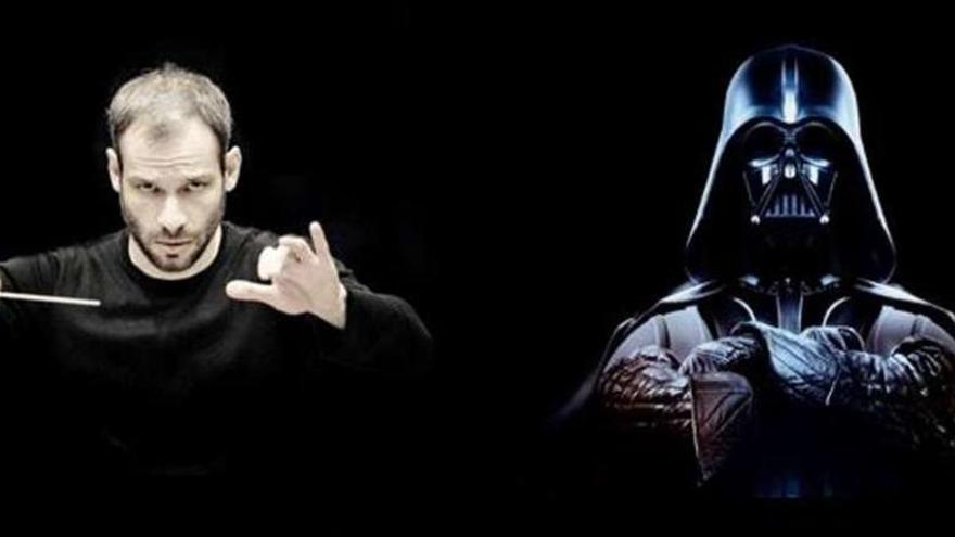 El director de la Sinfónica, Dima Slobodeniouk, y el villano cinematográfico Darth Vader, en la imagen promocional del concierto de mañana.