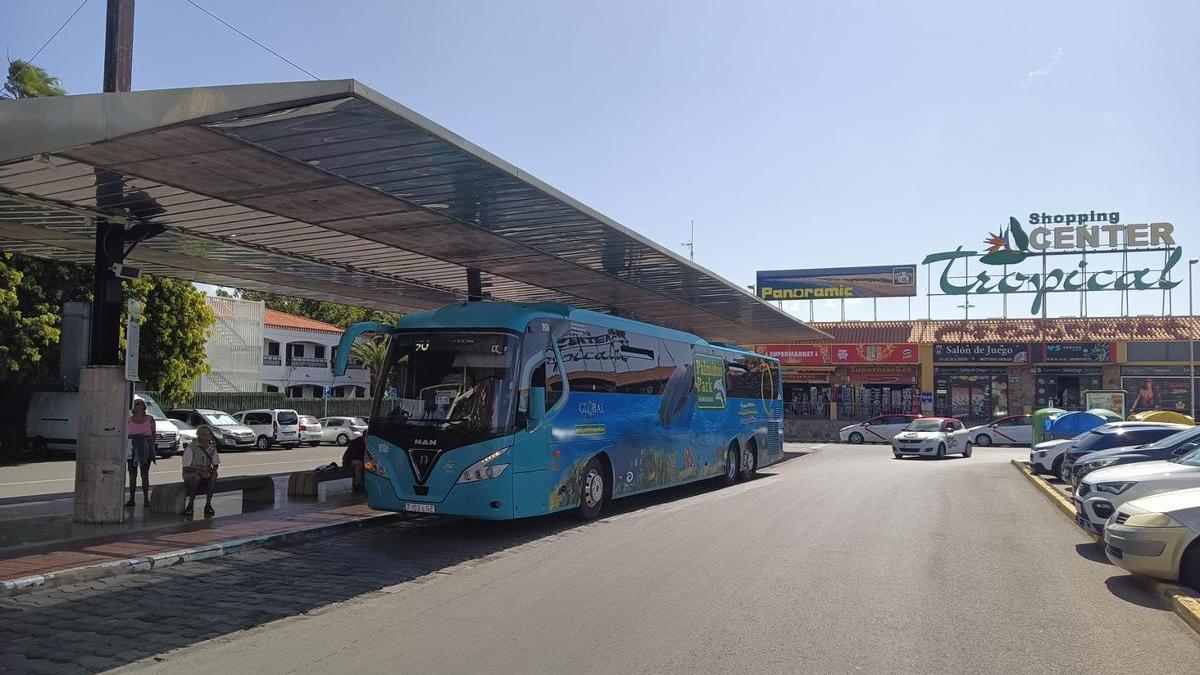 Guagua de transporte público de la empresa Global en la parada preferente del Parque Tropical, en Playa del Inglés.