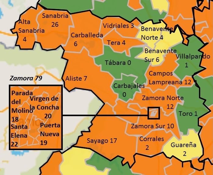 Mapa de riesgo por zonas básicas de salud: máximo en naranja, mínimo el verde