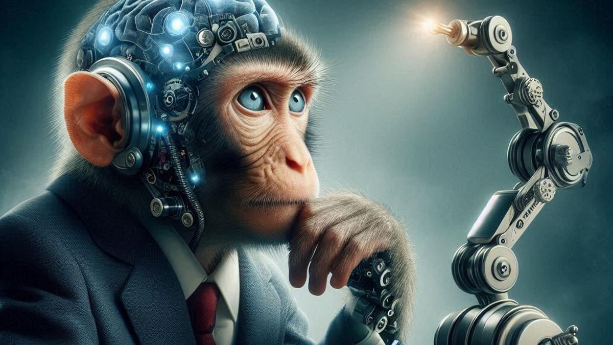 Recreación artística de un mono controlando un brazo robótico con el pensamiento.