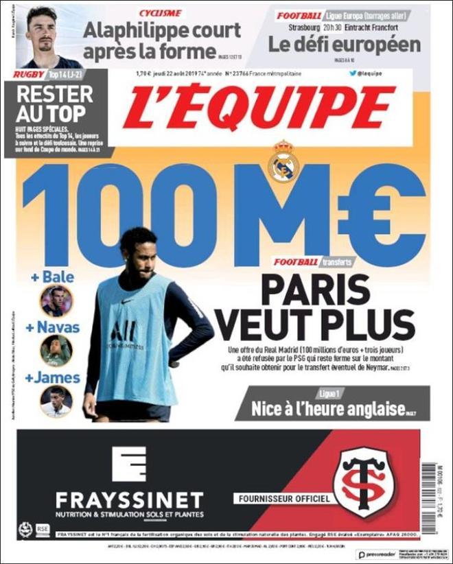 Portada de lÉquipe del 22 de agosto de 2019