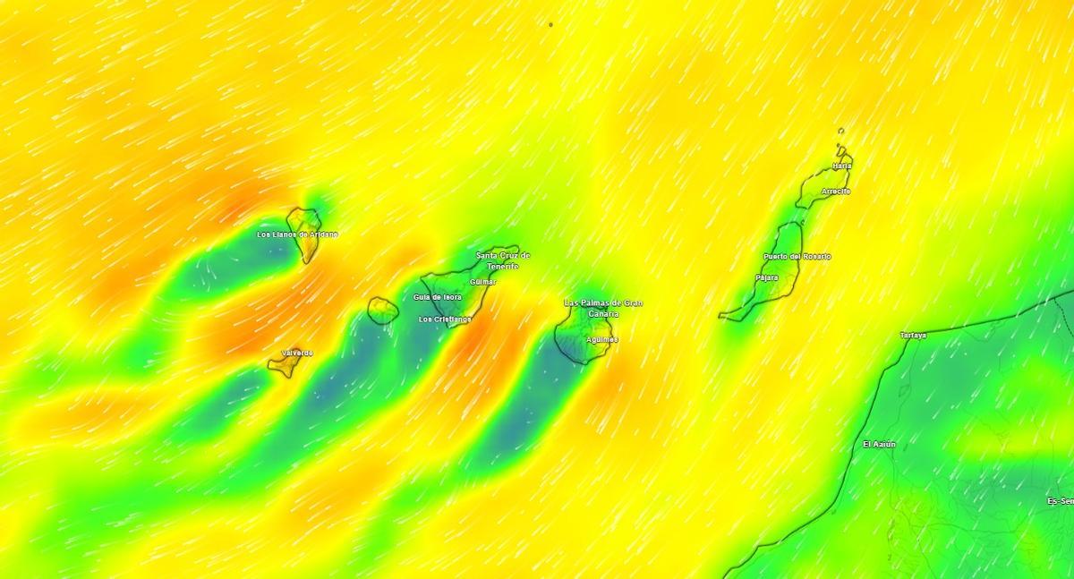 Mapa meteorológico sobre las rachas de viento en Canarias