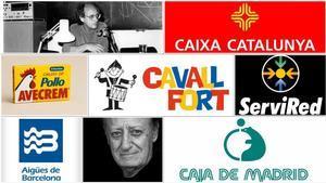 El diseñador Joan Costa con algunos de sus logos icónicos