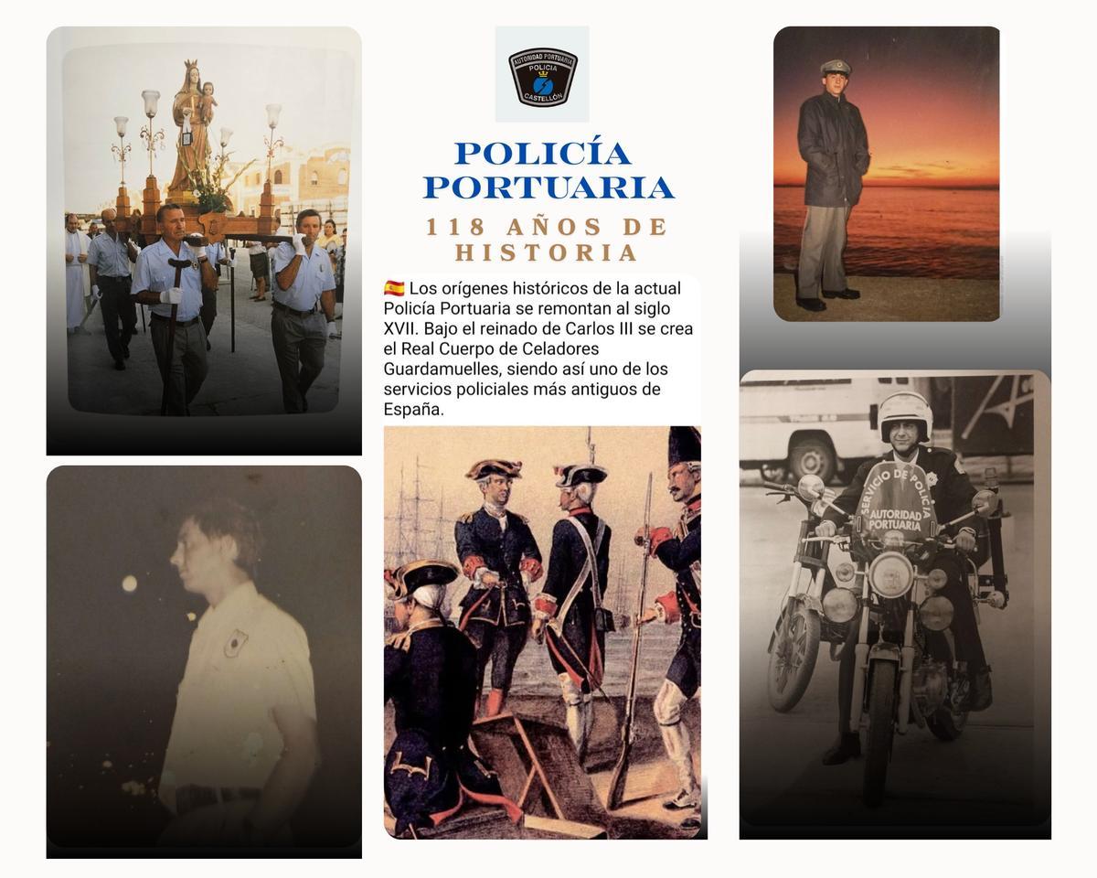 Collage de fotos de PortCastelló sobre la figura de la Policía Portuaria y su evolución.
