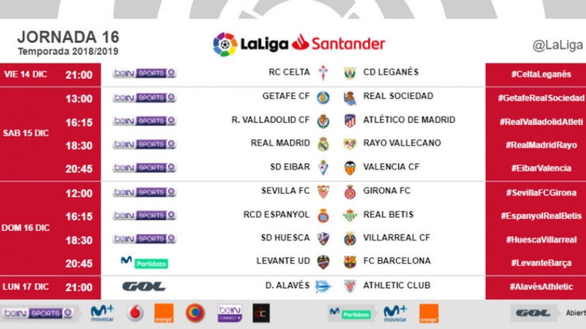 Estos son los horarios de la 16ª jornada