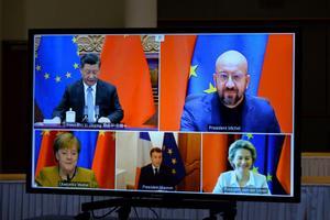 Xi Jinping, Charles Michel, Angela Merkel y Ursula von der Leyen durante la reunión Unión Europea-China (videoconferencia, 14 de septiembre de 2020).