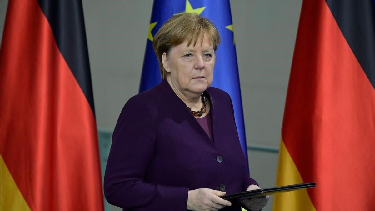 La cancillera alemana, Angela Merkel, en una comparecencia de prensa, este jueves.