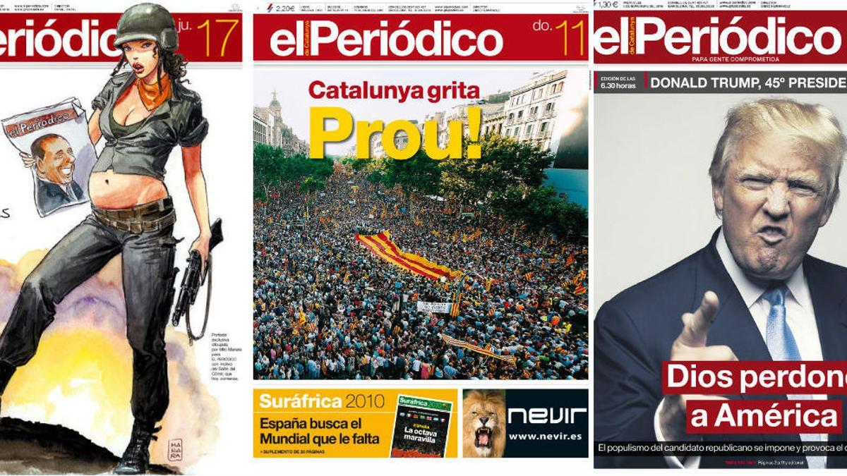 Portadas de EL PERIÓDICO de Catalunya del 17 de octubre del 2008, 11de julio del 2010 y del 9 de noviembre del 2016