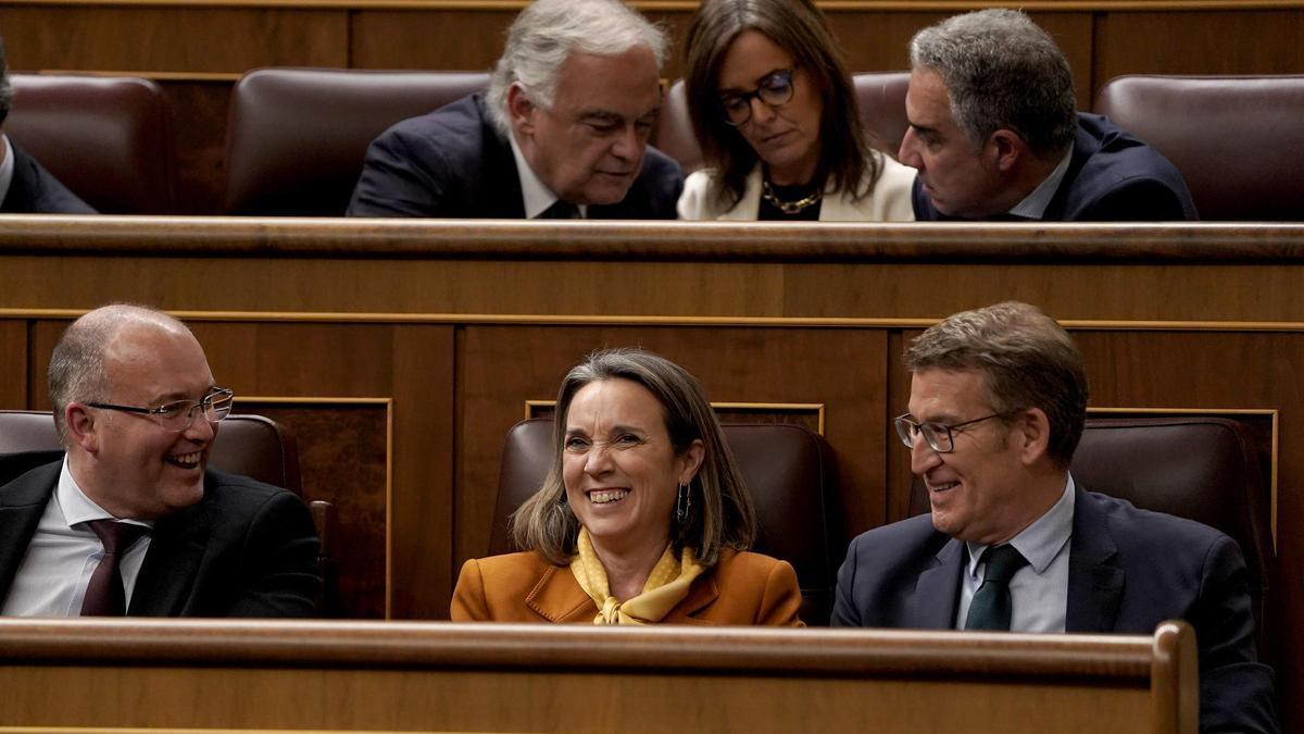 Alberto Núñez Feijóo, Cuca Gamarra y Miguel Tellado, en el pleno del Congreso de los Diputados.