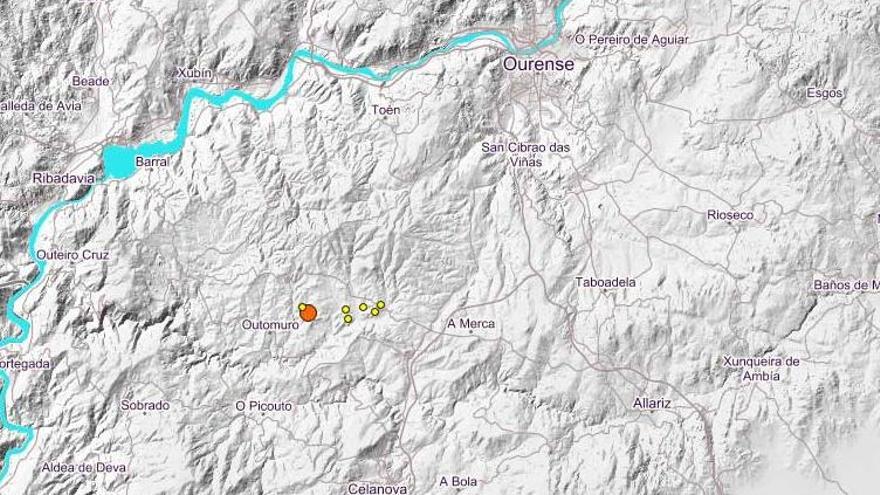 Mapa sísmico de las últimas 72 horas en la comarca de Celanova. // IGN