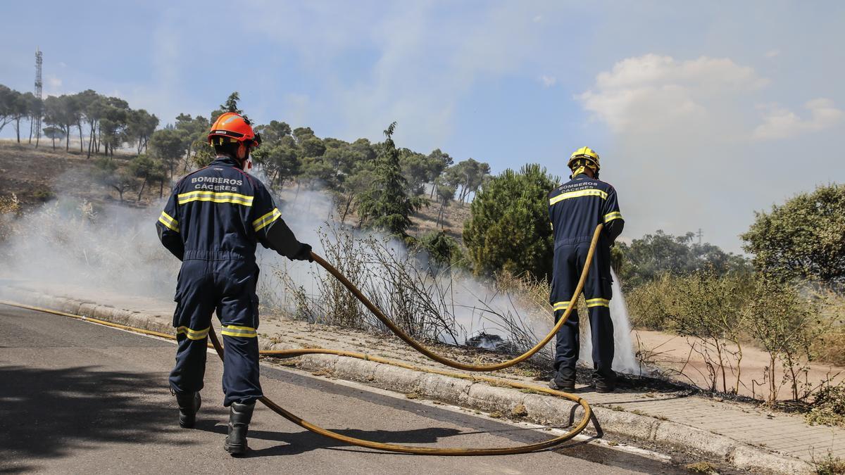 Bomberos del servicio provincial apagan un fuego en Cáceres.