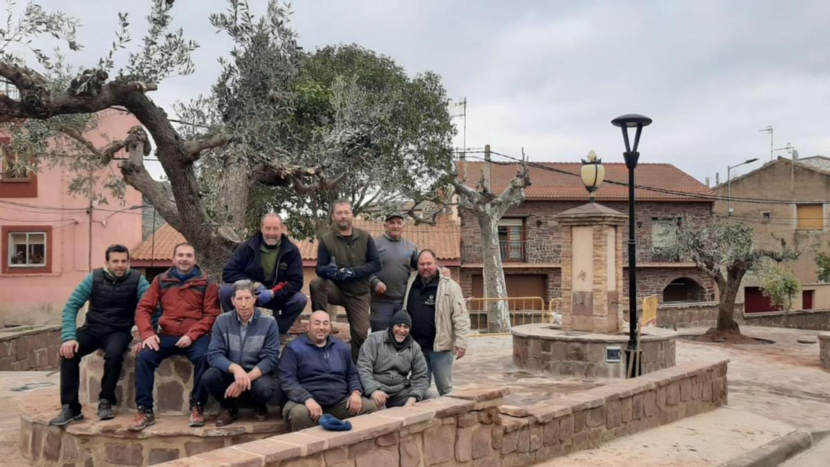 Miembros del consistorio y voluntarios instalaron dos olivos centenarios en este punto neurálgico de Tabuenca. | SERVICIO ESPECIAL