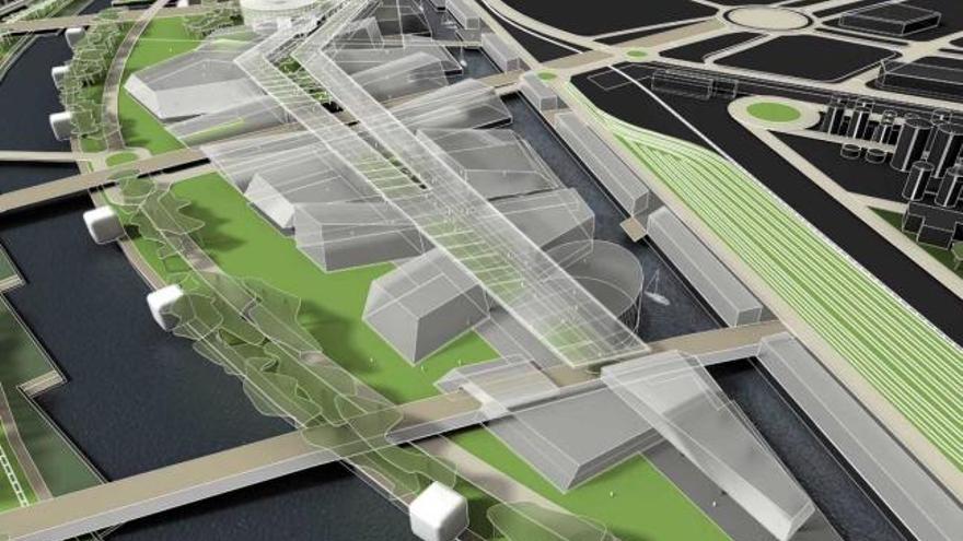 Esquema del masterplan de la Isla de la Innovación, con el Niemeyer al fondo.