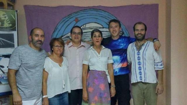 Los conferenciantes de las jornadas de ufología .