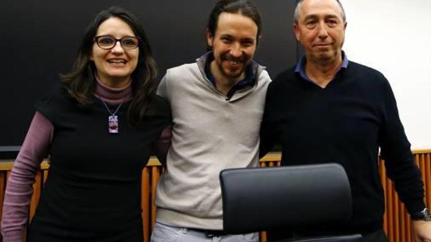 Mónica Oltra, Pablo Iglesias y Joan Baldoví, en Madrid.