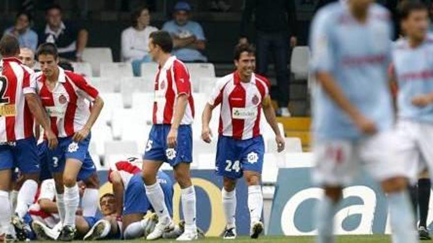 Els jugadors del Girona celebren el 0-1 marcat per Jaume Duran a Balaídos el curs 2008-09.