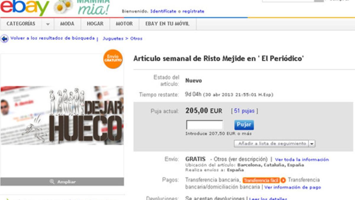 La página de la subasta en eBay, con los datos del domingo 21 de abril a las seis de la tarde.