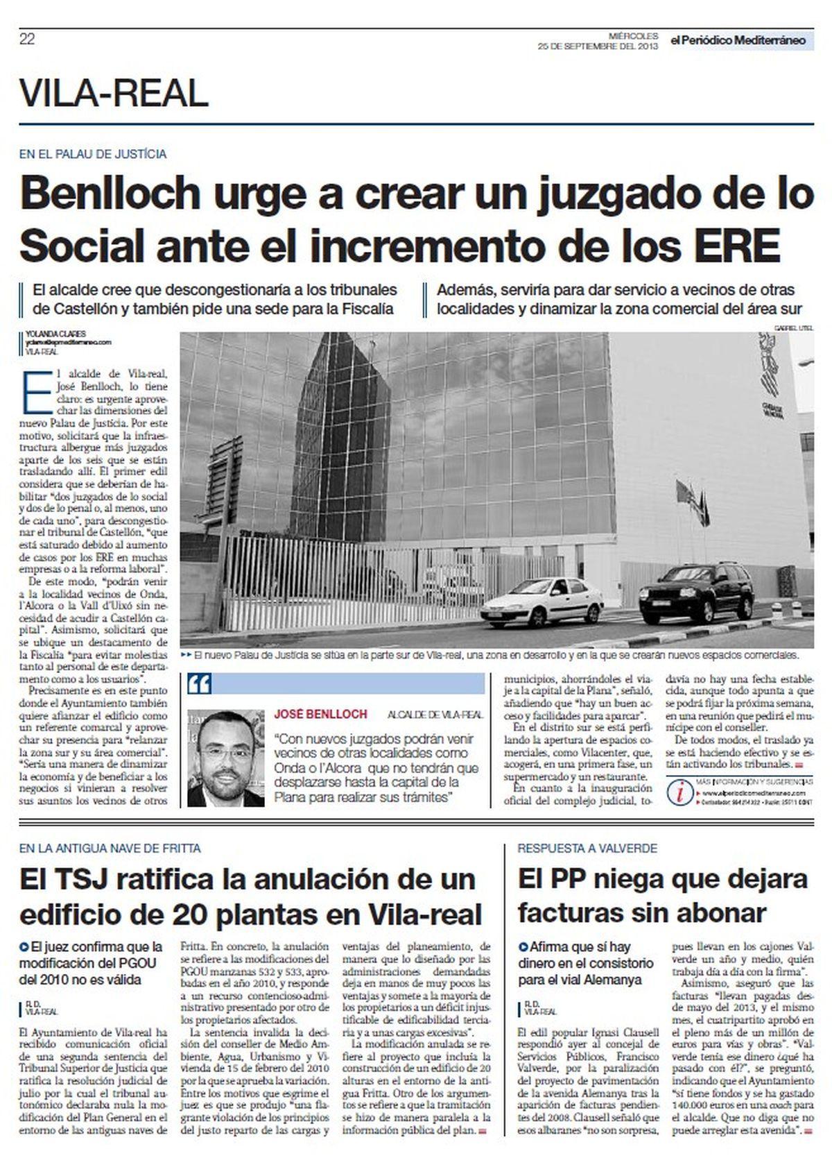 Mediterráneo recogió en septiembre del 2013 la ratificación de la sentencia del TSJCV sobre la torre de 20 alturas y su entorno.