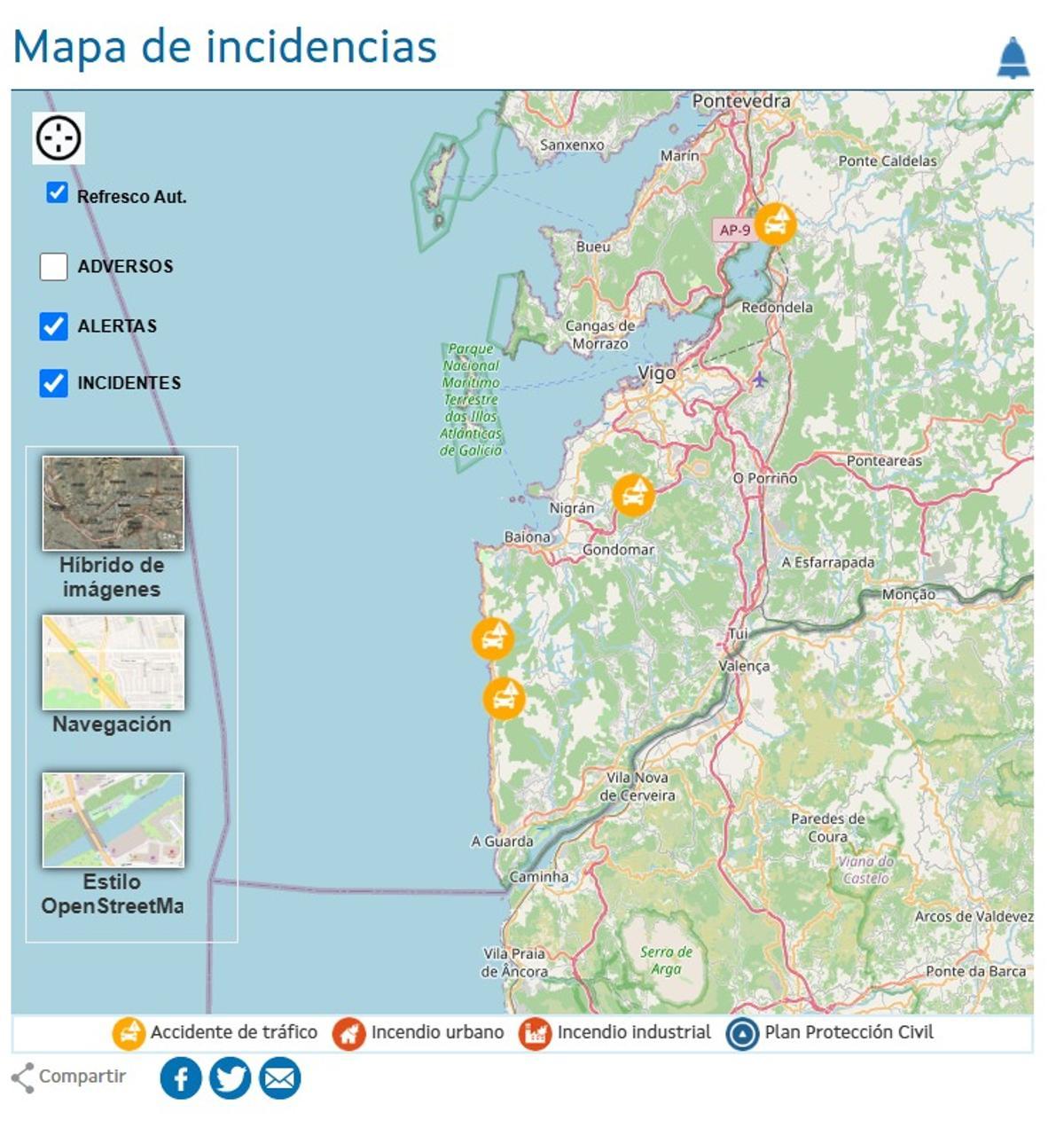 Mapa de incidencias del 112 Galicia el lunes 13 de julio