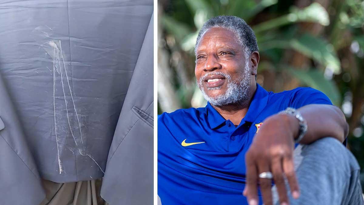 Audie Norries y, al lado, la chaqueta que los ladrones le mancharon.