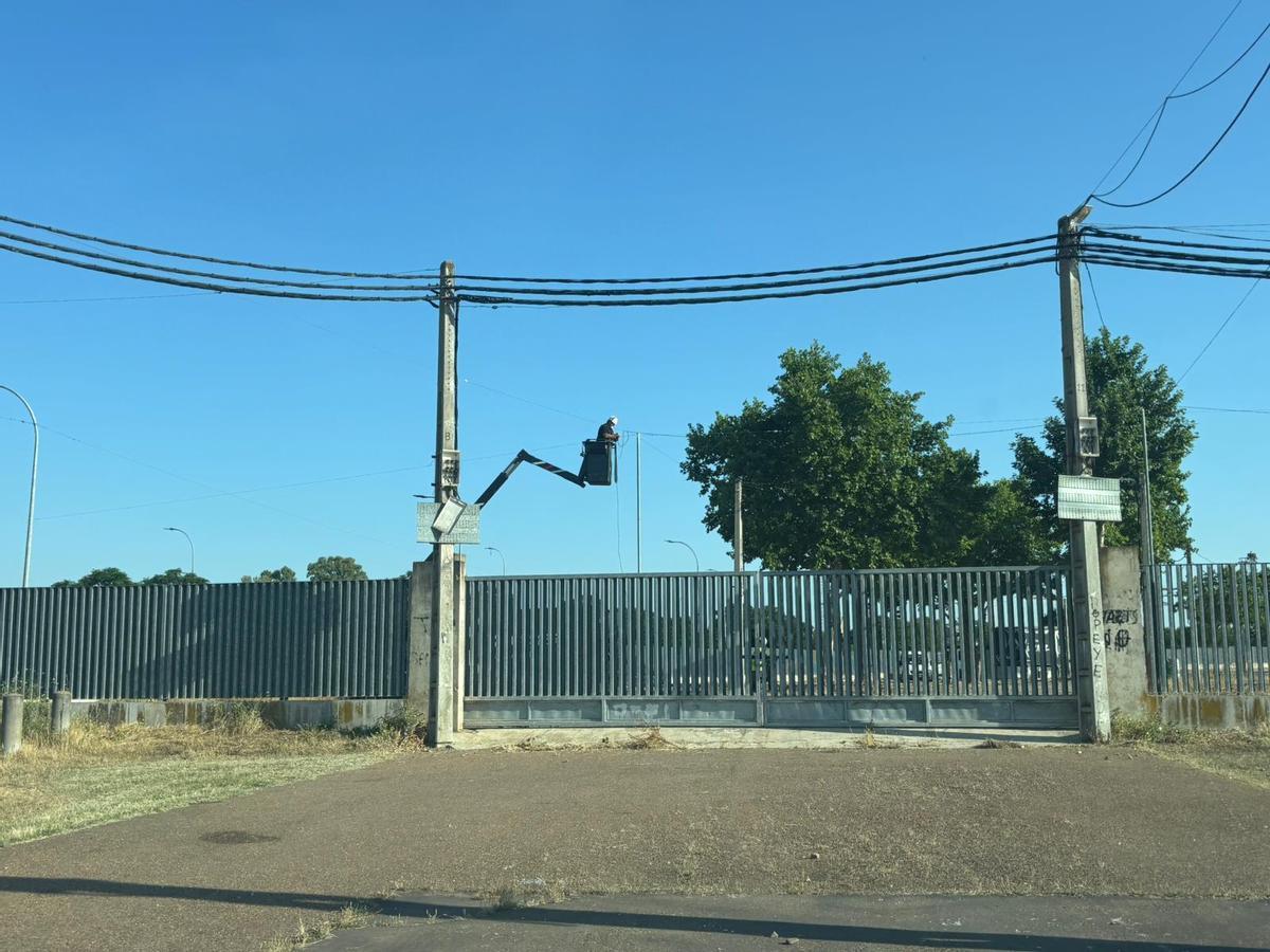 Un operario de Grupo Ximénez trabaja en la instalación eléctrica del recinto ferial de Badajoz.