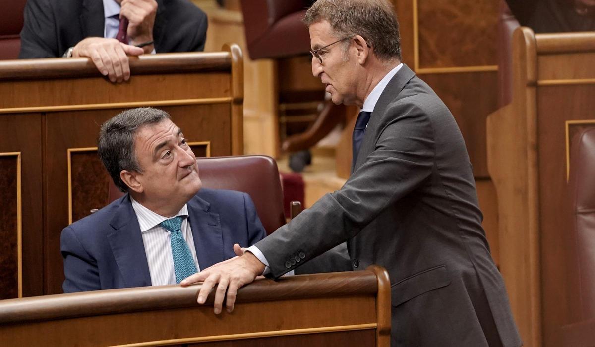 El líder del PP, Alberto Núñez Feijóo, habla con el portavoz del PNV, Aitor Esteban.