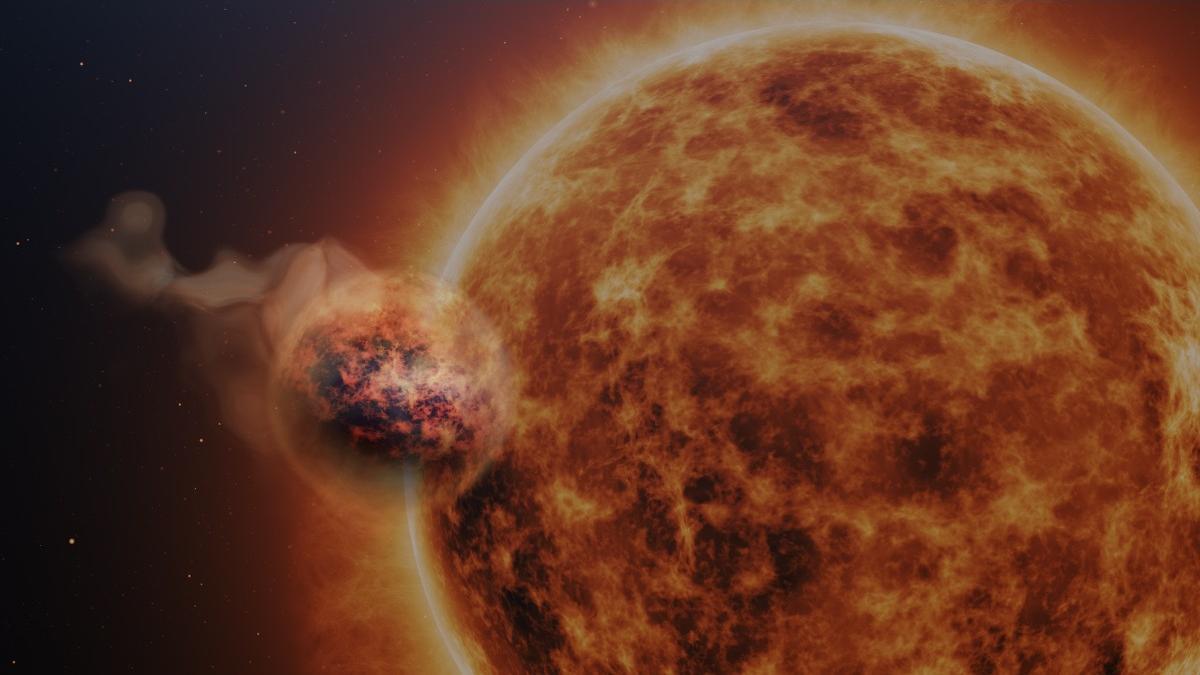 Ilustración artística del exoplaneta WASP-107b y su estrella madre