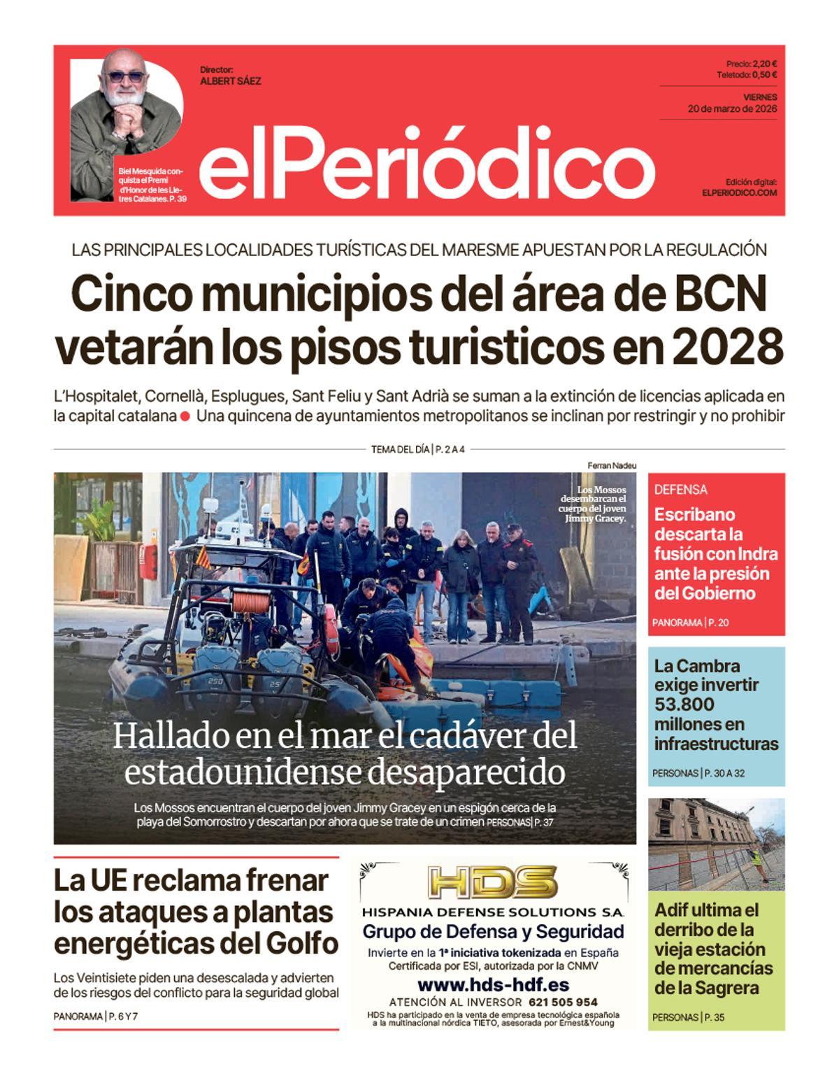La portada de EL PERIÓDICO del 20 de marzo de 2026