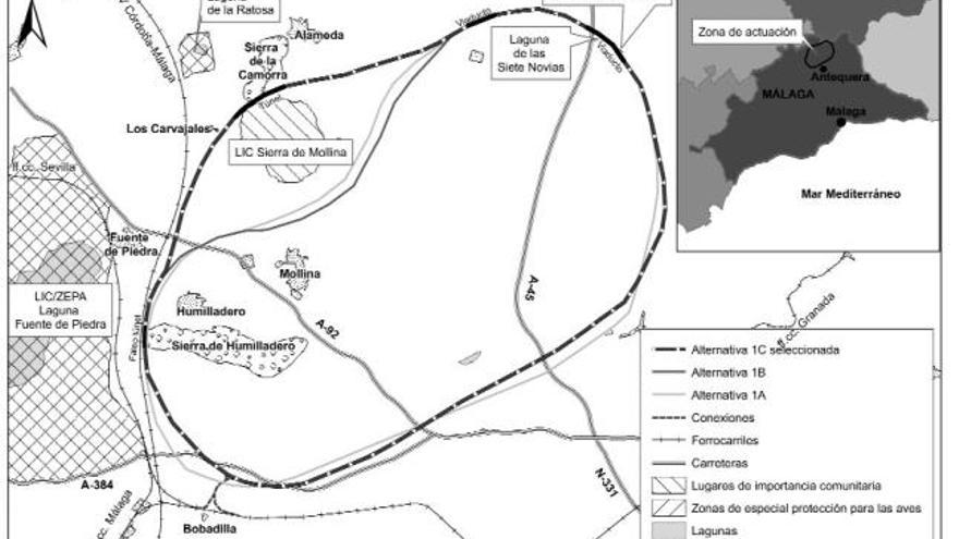 Trazado definitivo del anillo ferroviario de Antequera del que se eliminan los circuitos secundarios.