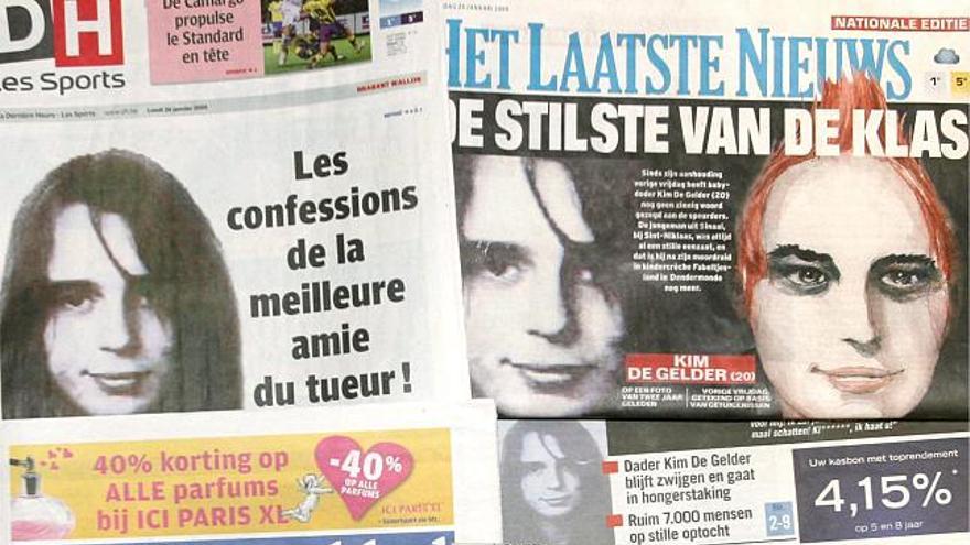 Imágenes de varios periódicos holandeses y franceses con la fotografía del presunto asesino de 20 años, el joven belga Kim Van Gelder, en Bruselas, Bélgica, hoy 26 de enero de 2009. Gelder, supuesto autor de la muerte el 23 de enero de dos niños y una cuidadora en una guardería de Dendermonde (noroeste de Bélgica), se inspiró, según varios medios belgas, en el personaje de Joker de la serie cinematográfica de Batman para cometer el crimen. El agresor, que iba armado con cuchillo, se dirigió al área de los bebés, donde acuchilló a los niños y adultos que encontró, causando la muerte a dos bebés y una cuidadora y heridas graves a otras doce personas.