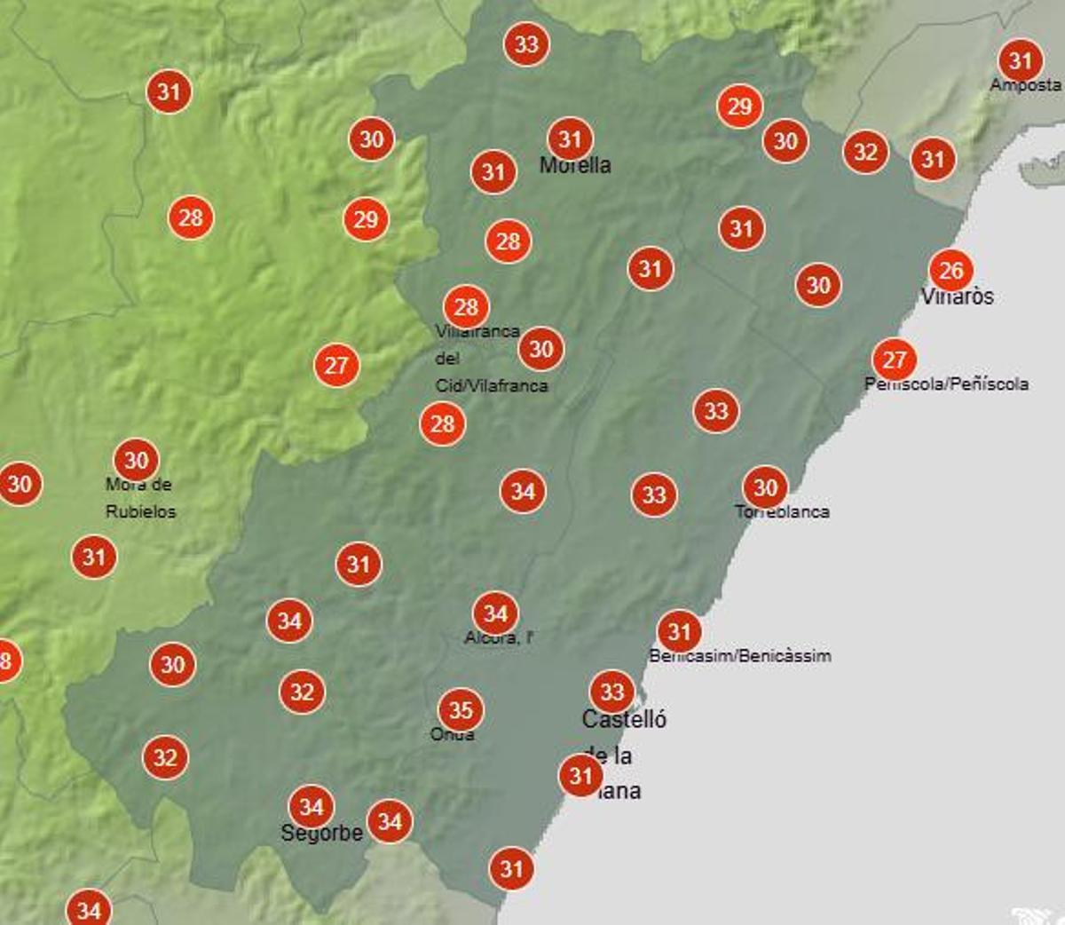 Temperaturas máximas en Castellón, viernes 29