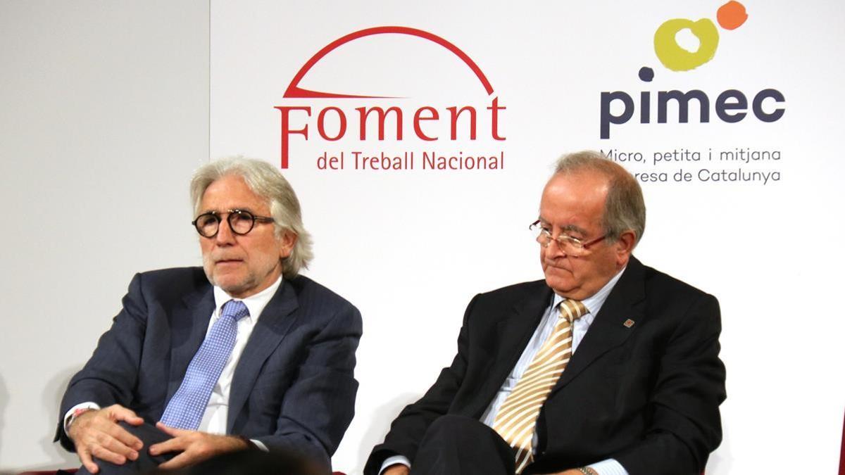 dimecres  23 octubre 2019 14 07  Aina Marti  Pla mitja del president de Foment del Treball  Josep Sanchez Llibre i del president de Pimec  Josep Gonzalez  durant l acte  A favor del progres de Catalunya   el 22 d octubre del 2019 (Horitzontal)