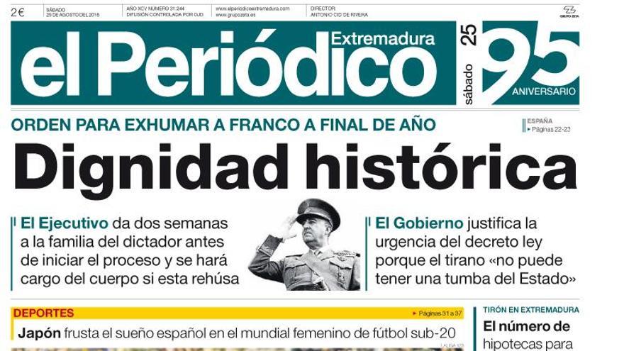 Esta es la portada de EL PERIÓDICO EXTREMADURA correspondiente al día 25 de agosto del 2018