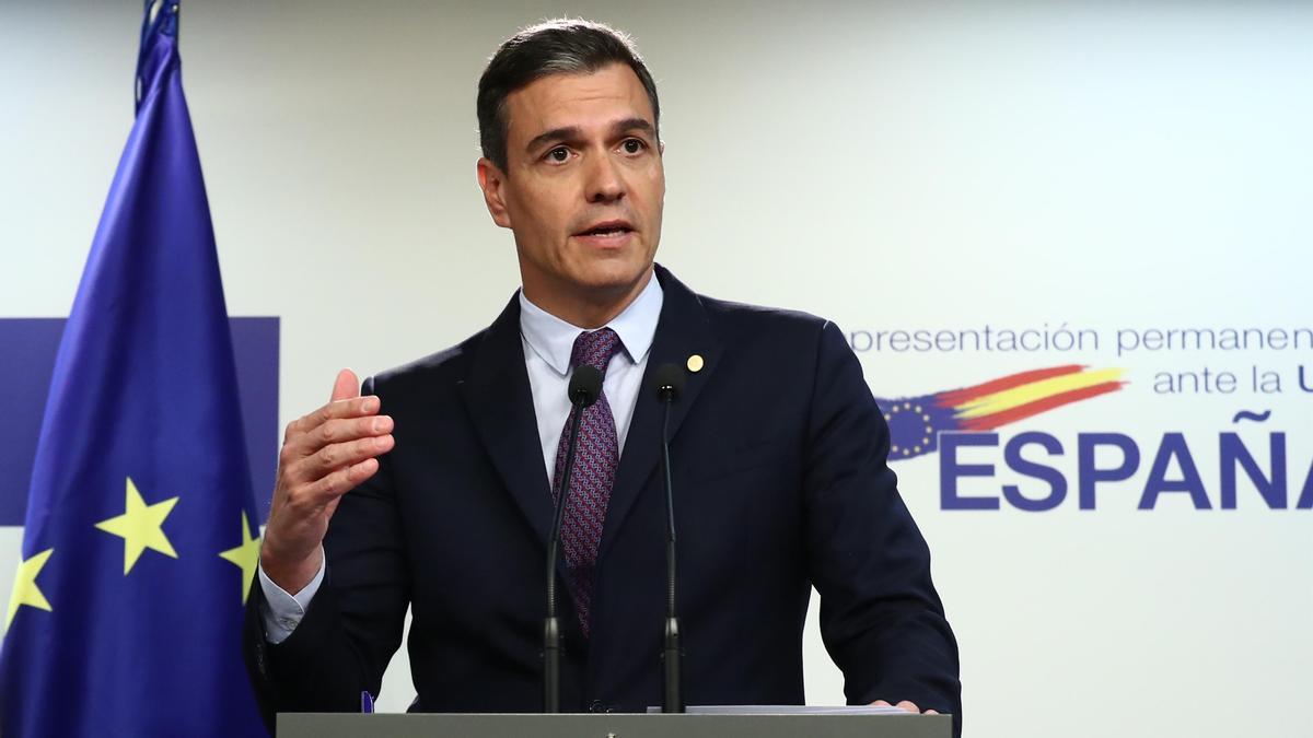 Pedro Sánchez en una rueda de prensa en Bruselas.