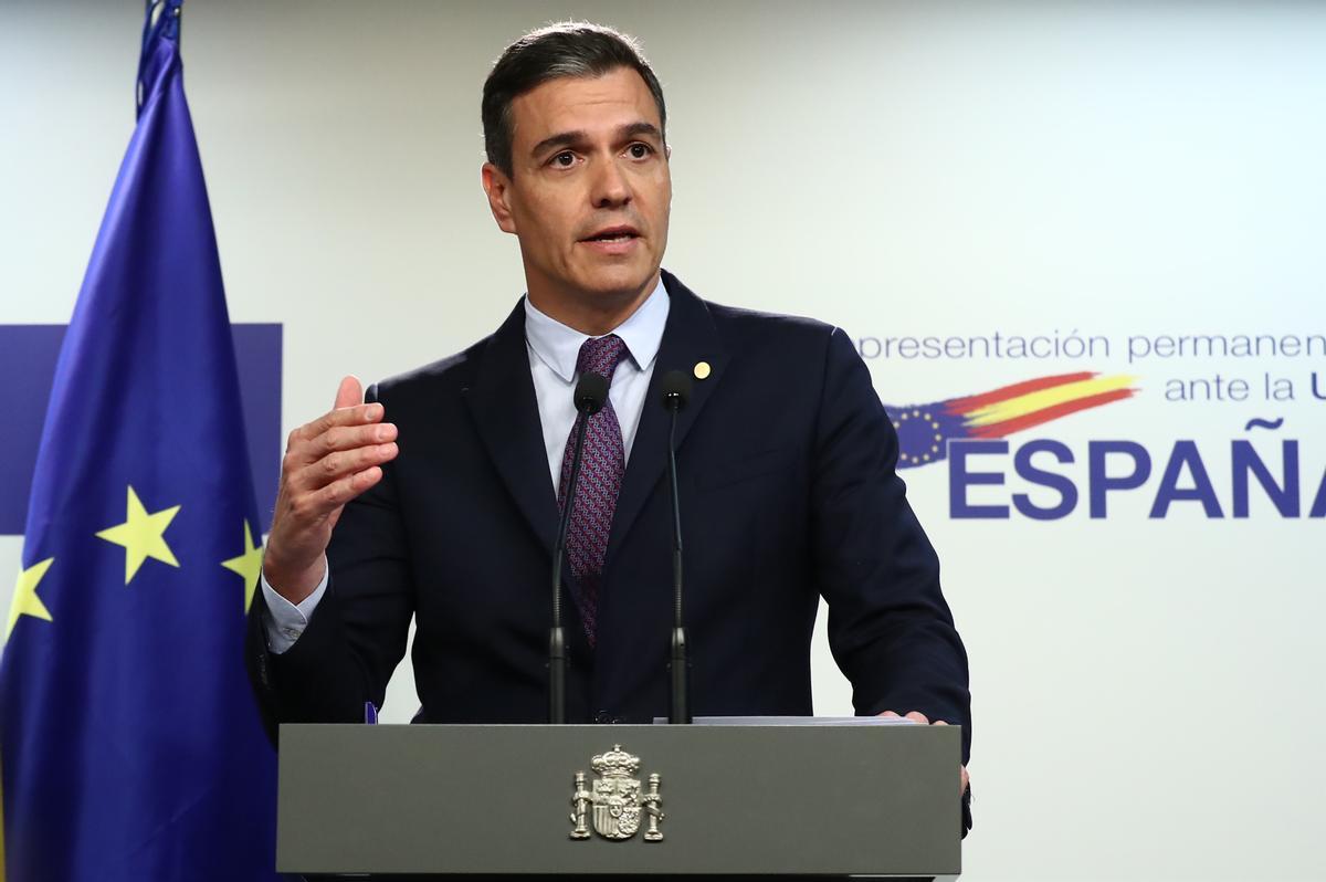 Pedro Sánchez en una rueda de prensa en Bruselas.