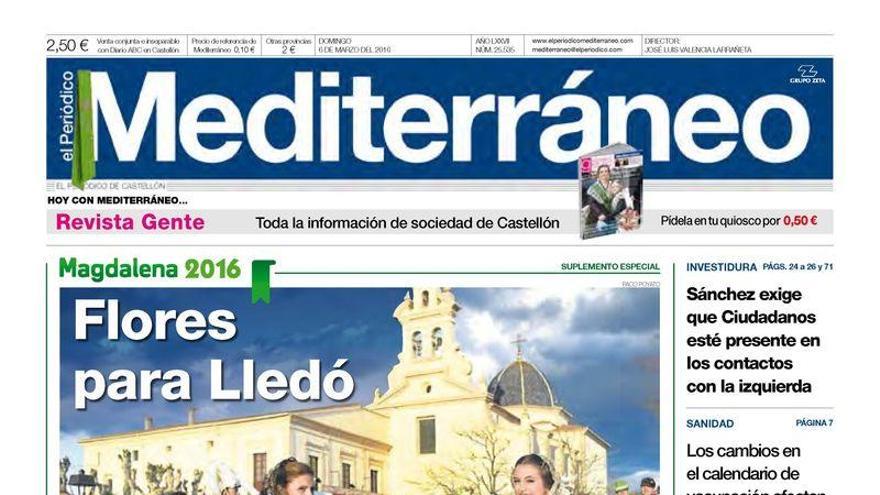 La Ofrena a la Mare de Déu del Lledó, en la portada del periódico Mediterráneo.