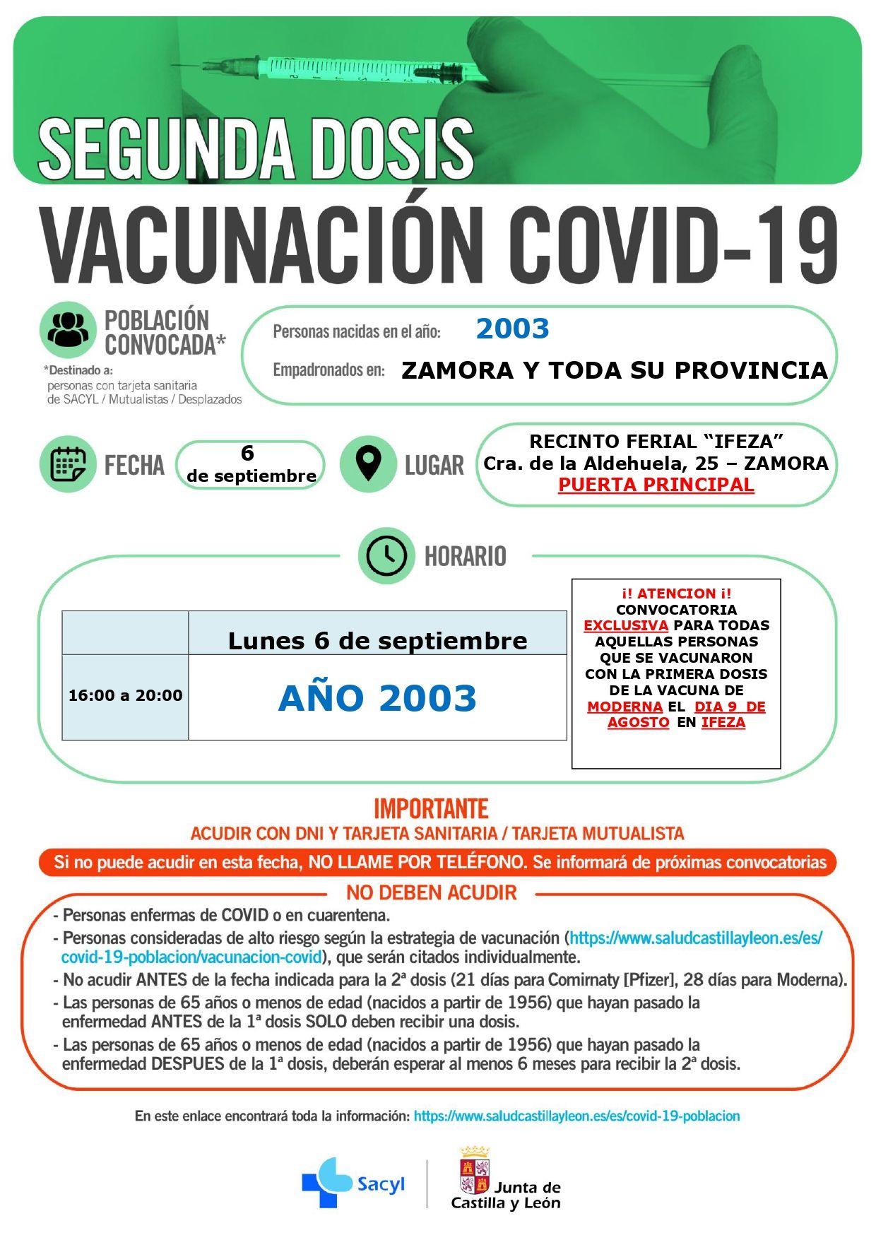 Vacunación contra el coronavirus en Zamora para el 6 de septiembre.