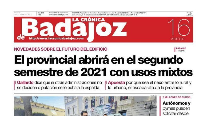 Esta es la portada de LA CRÓNICA DE BADAJOZ correspondiente al día 16 de octubre del 2020