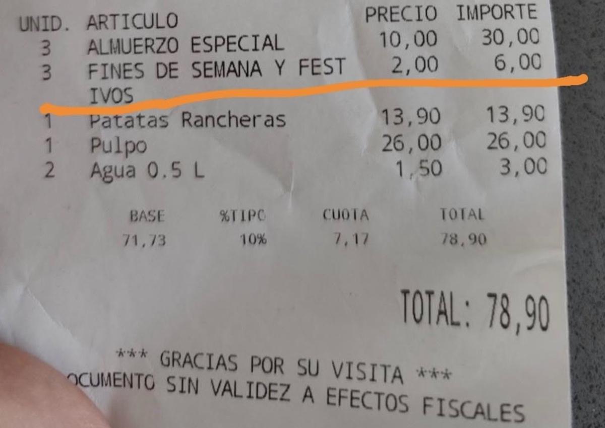 La cuenta del amuerzo en un restaurante de Torrent.