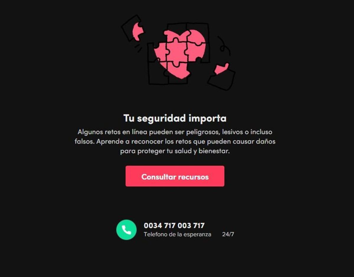 Pantallazo de lo que advierte la plataforma Tik Tok cuando buscas el reto.