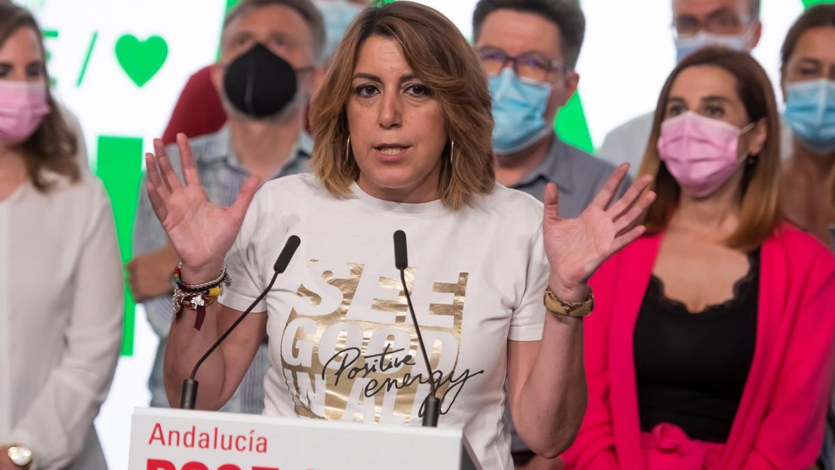 La secretaria general del PSOE-A, Susana Díaz, este 13 de junio de 2021 tras su derrota en las primarias, en la sede regional del partido.