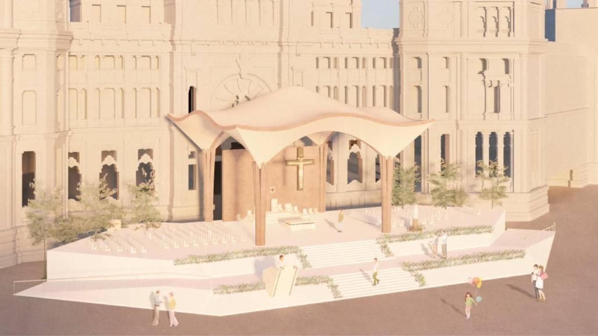 Diseño del escenario para la misa  en la plaza de Cibeles.