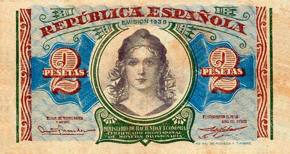 La alegoría de la República en el anverso del billete de 2 pesetas.