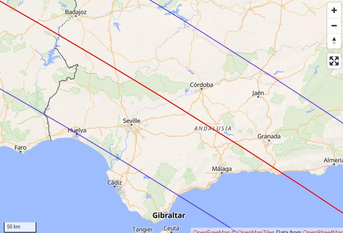 Trayectoria de la banda de sombra del eclipse total del 1 de julio de 1079, con Córdoba y Jaén casi en el centro.