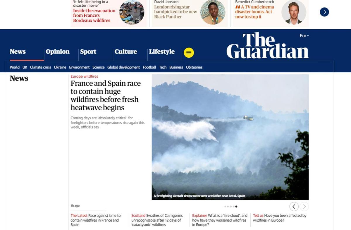 El incendio, en la portada del diario británico The Guardian